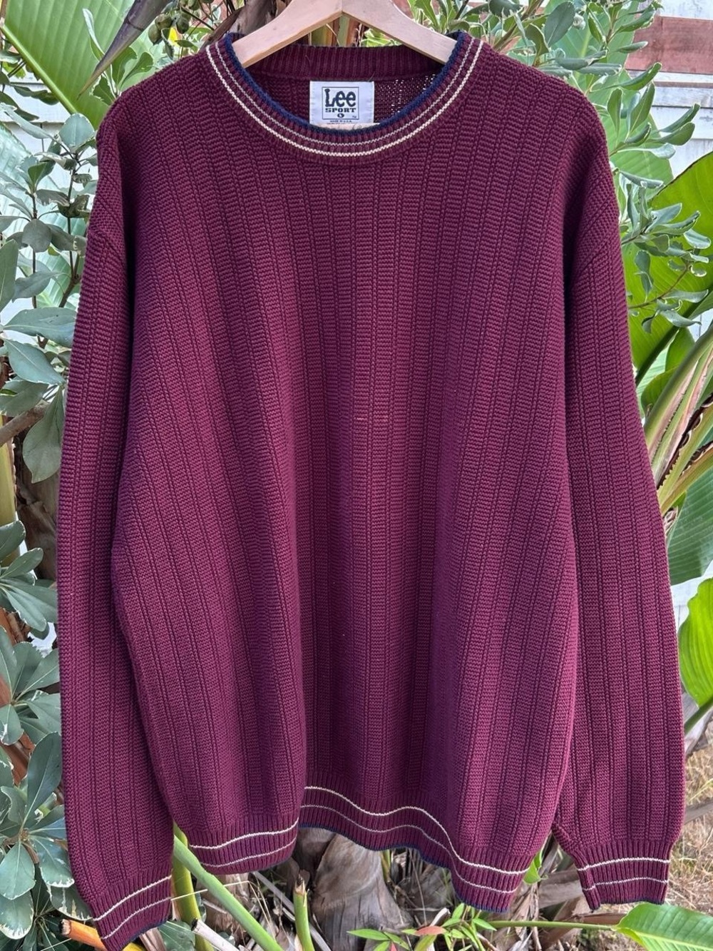 Vintage 90s Lee Sport Burgundy Knit Sweater XL Made USA Striped